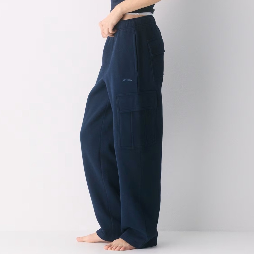 Aritzia Cozy Sweatfleece Mega Cargo Sweatpant Heathered Navy Wide Leg Size Small